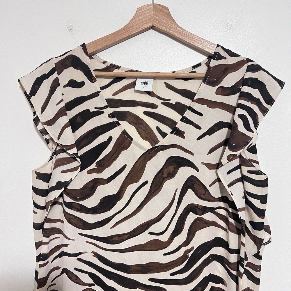 Cabi 3771 Zebra Print Flutter Sleeve Blouse Medium Cream Brown Animal Print Top - Picture 3 of 9